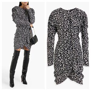 Isabel Marant Etoile Selwyn Ruched Printed Mini Dress Long Sleeve Black White 34